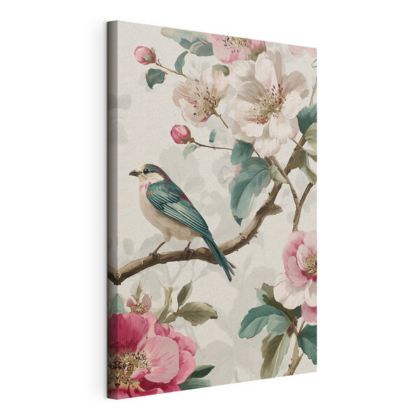 Canvas Schilderijen Canvas Schilderijen Vogel op een tak met bloemen (Artikelnummer: s48915)