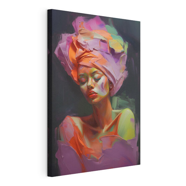 Canvas Schilderijen Canvas Schilderijen Vrouw met kleurrijke stof op haar hoofd (Artikelnummer: s48927)