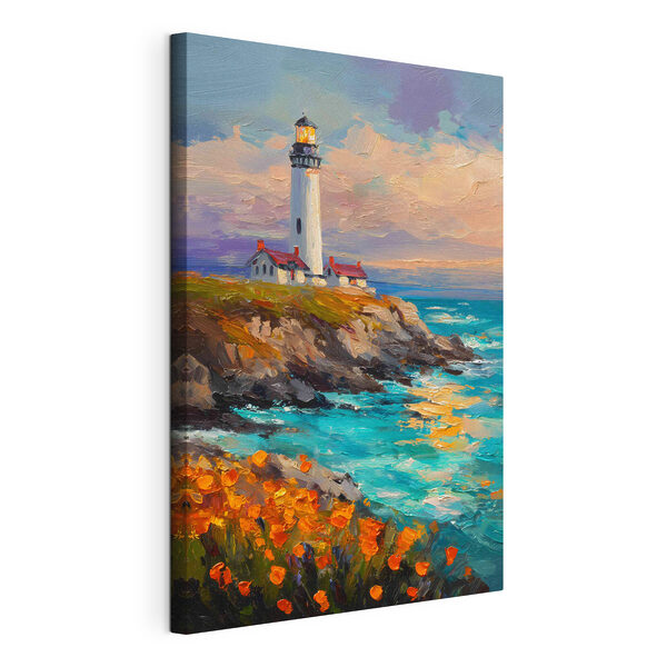 Canvas Schilderijen Schilderij van een vuurtoren op een klif aan zee (Artikelnummer: s49003) Canvas Schilderijen Canvas Schilderijen Schilderij van een vuurtoren op een klif aan zee (Artikelnummer: s49003)