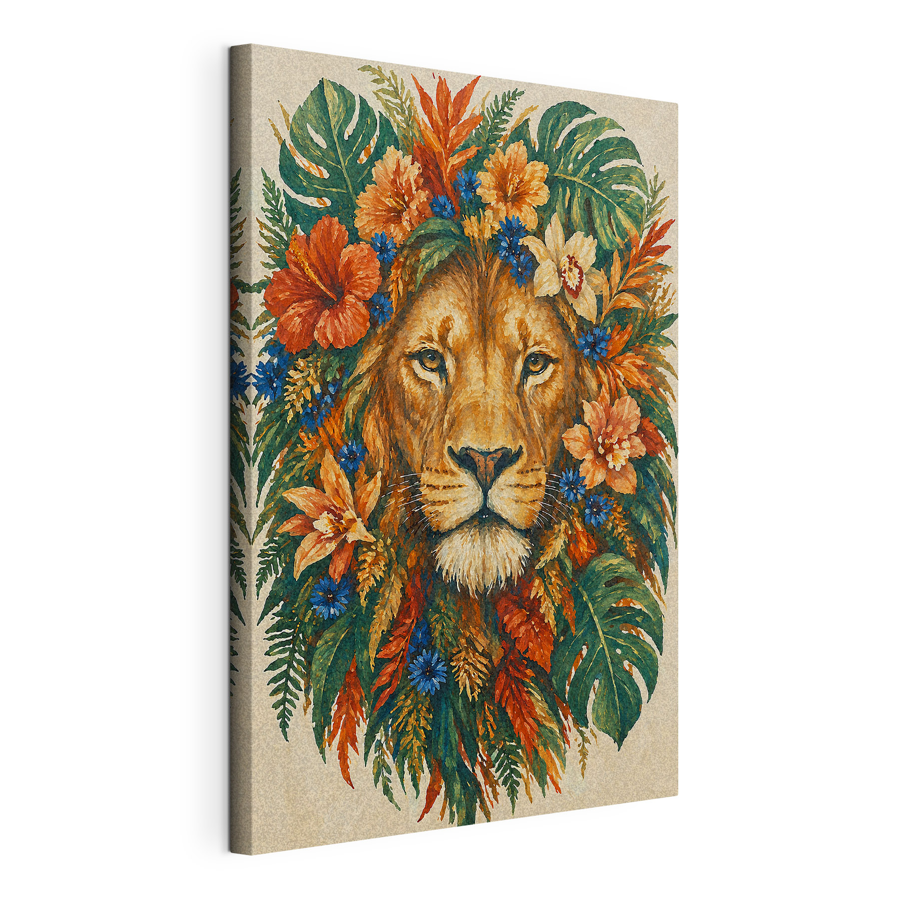 Painting of a lion with flowers Painting of a lion with flowers