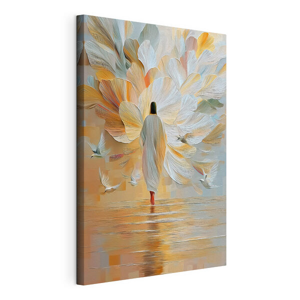 Canvas Schilderijen Canvas Schilderijen Iemand die door het water loopt terwijl er vogels omheen vliegen (Artikelnummer: s49084)