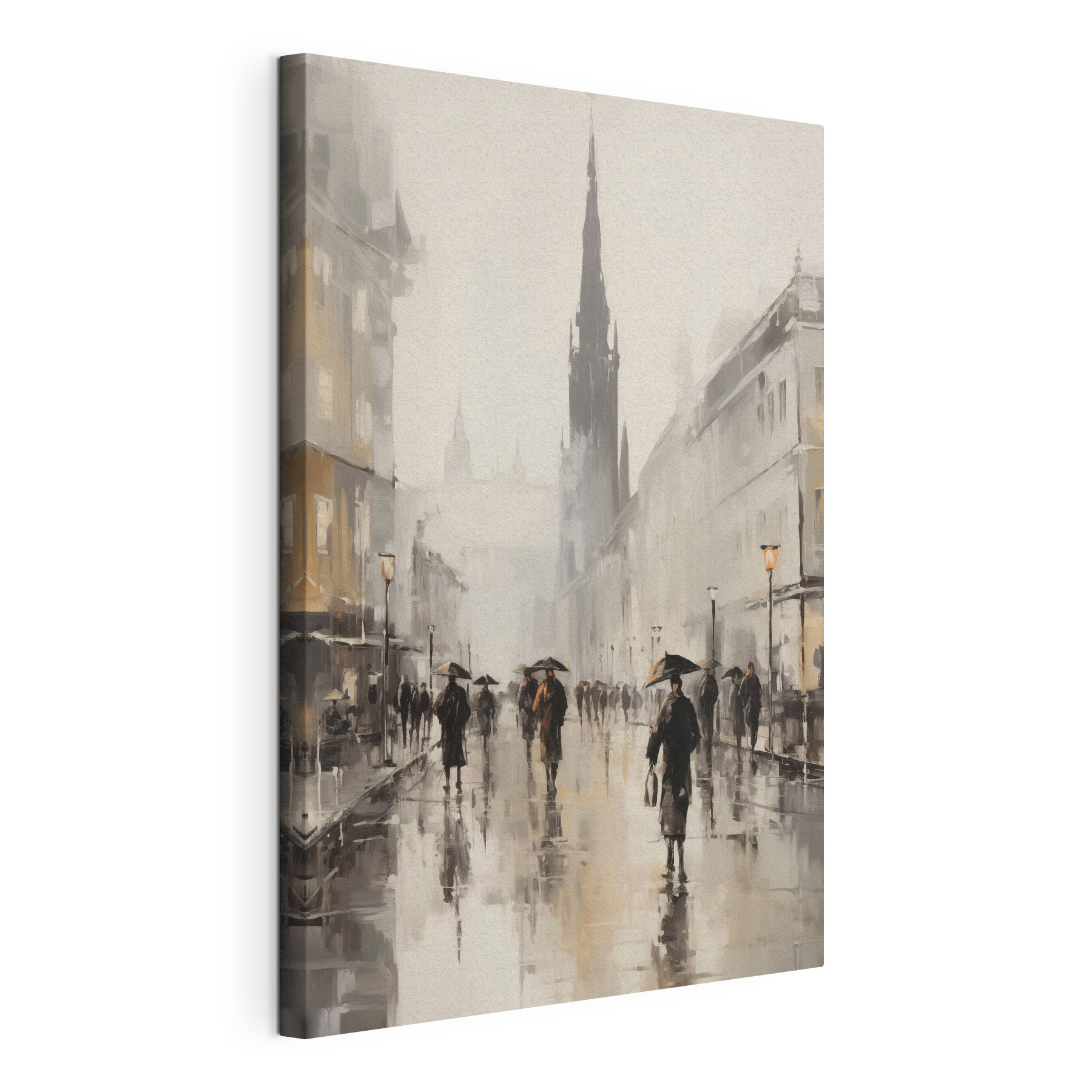 Painting of people walking on a street with umbrellas Painting of people walking on a street with umbrellas
