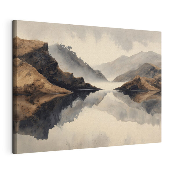 Canvas Schilderijen Canvas Schilderijen Water met bergen en mist (Artikelnummer: s49186)