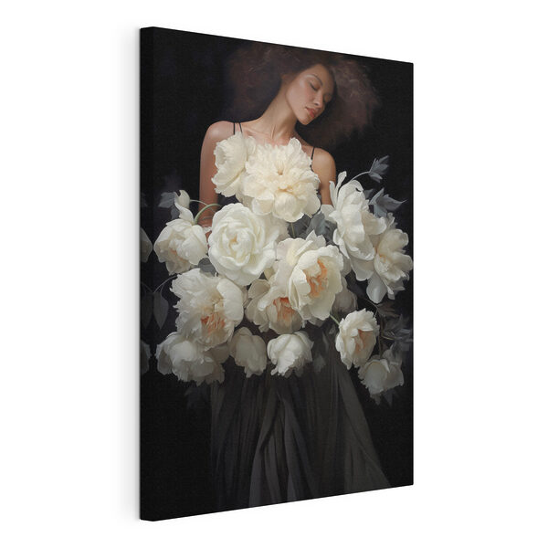 Canvas Schilderijen Vrouw met een groot boeket bloemen in haar handen (Artikelnummer: s49220) Canvas Schilderijen Canvas Schilderijen Vrouw met een groot boeket bloemen in haar handen (Artikelnummer: s49220)