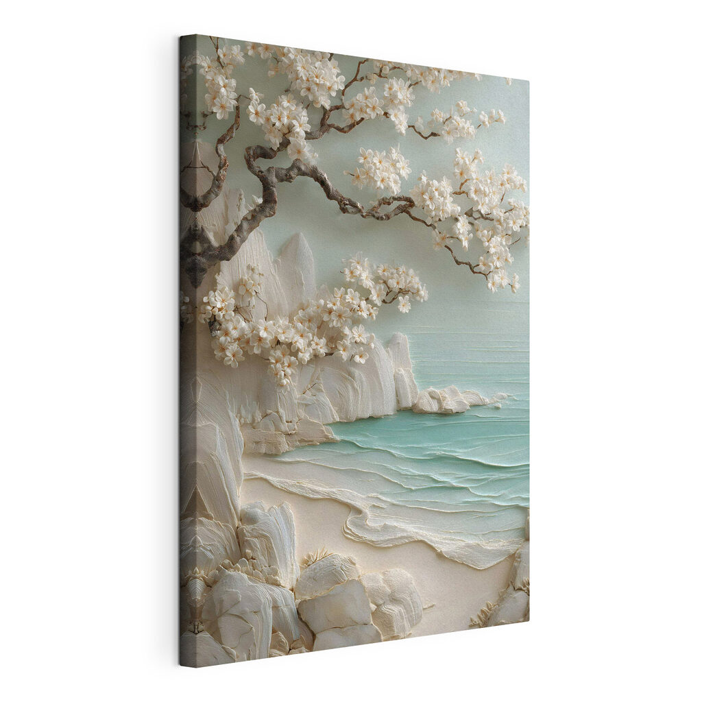 Painting of a beach with white flowers and a tree Painting of a beach with white flowers and a tree