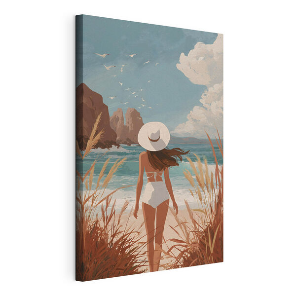 Canvas Schilderijen Vrouw in zwemkleding en met een hoed op, lopend over het strand (Artikelnummer: s49253) Canvas Schilderijen Canvas Schilderijen Vrouw in zwemkleding en met een hoed op, lopend over het strand (Artikelnummer: s49253)