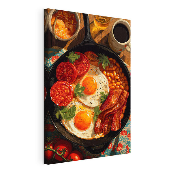 Canvas Schilderijen Een pan met een gerecht van eieren, spek, bonen en tomaten