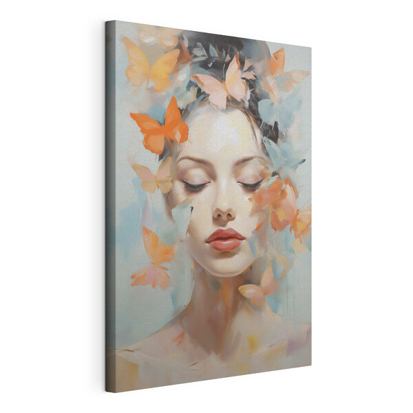 Canvas Schilderijen Canvas Schilderijen Vrouw met vlinders rond haar gezicht (Artikelnummer: s49403)