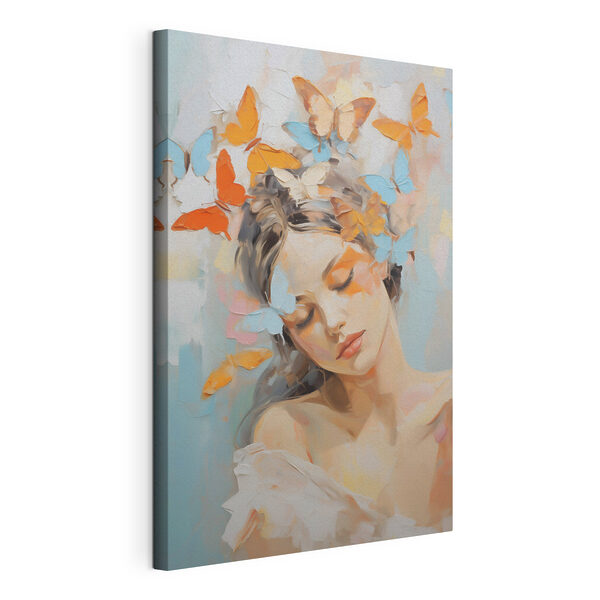 Canvas Schilderijen Canvas Schilderijen Schilderij van een vrouw met vlinders in haar haar (Artikelnummer: s49404)
