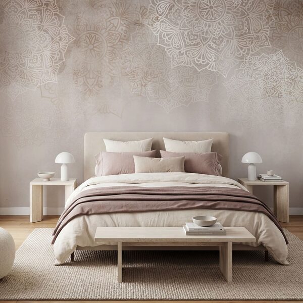 Witte en roze achtergrond met witte mandala’s Witte en roze achtergrond met witte mandala’s