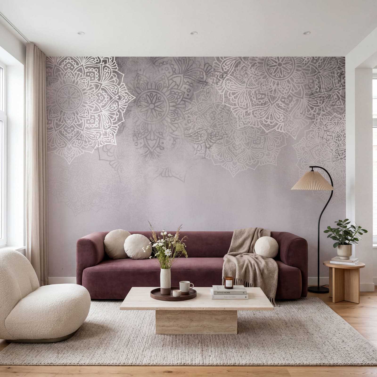 Witte en roze achtergrond met witte mandala’s
