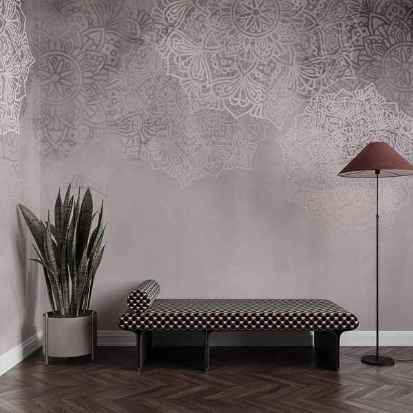 Witte en roze achtergrond met witte mandala’s