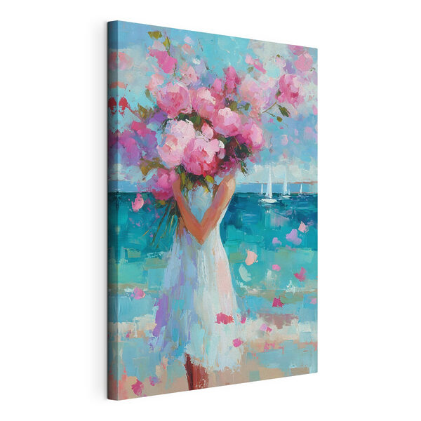 Canvas Schilderijen Schilderij van een vrouw met een boeket bloemen in haar handen (Artikelnummer: s49937) Canvas Schilderijen Canvas Schilderijen Schilderij van een vrouw met een boeket bloemen in haar handen (Artikelnummer: s49937)