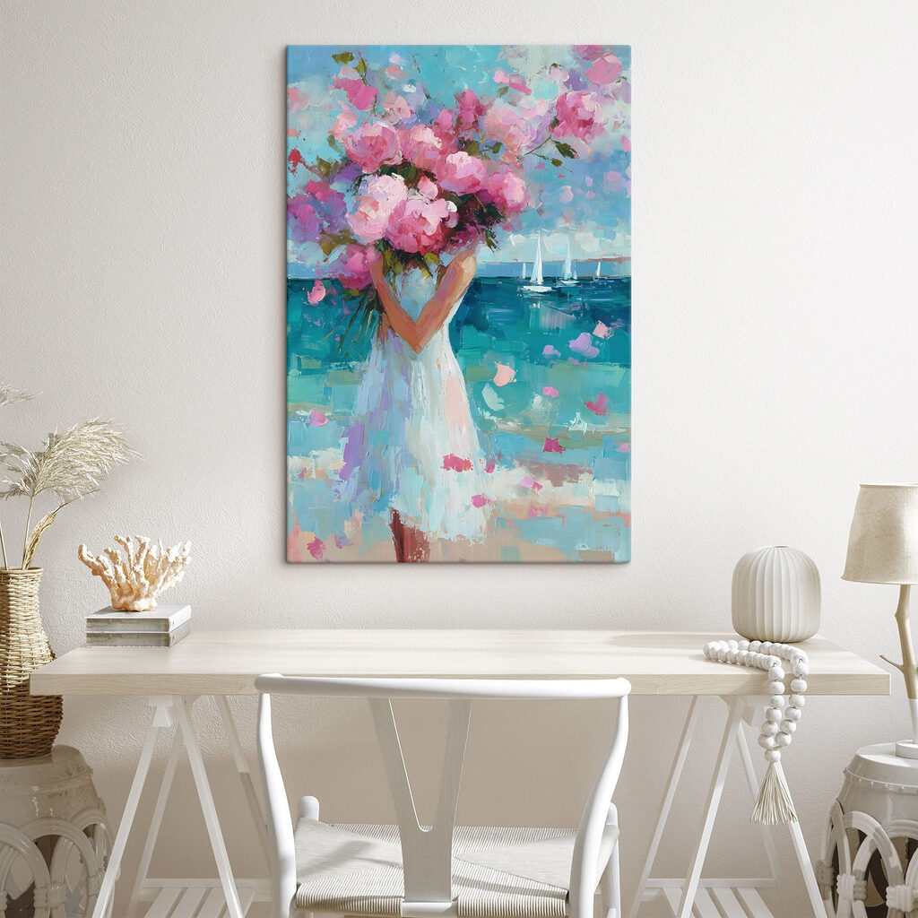 Painting of a woman holding a bouquet of flowers Painting of a woman holding a bouquet of flowers