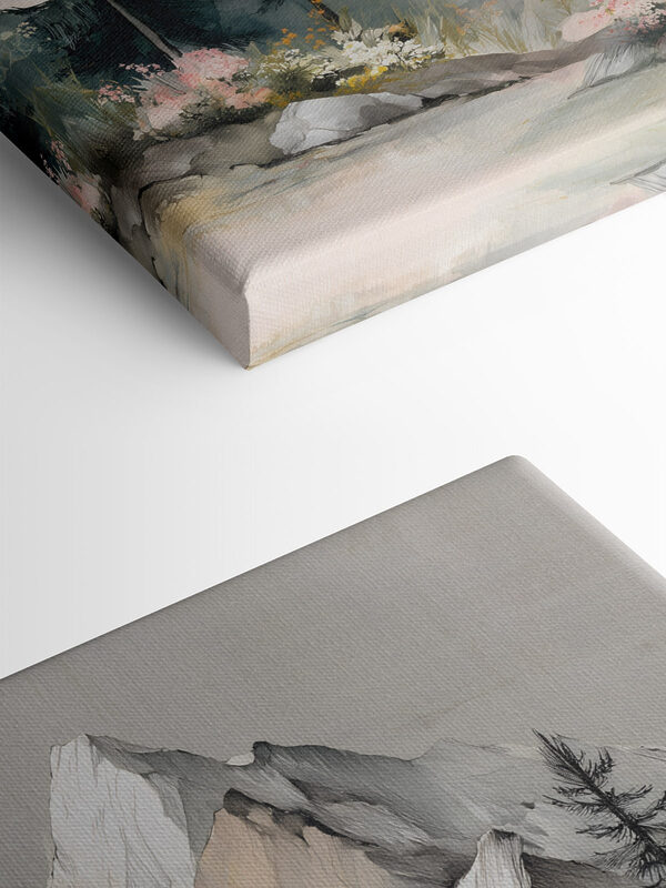 Painting of a mountain with trees and flowers Painting of a mountain with trees and flowers