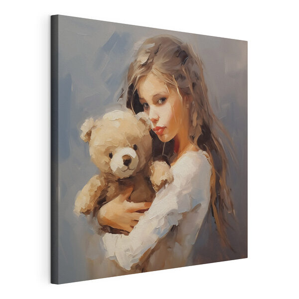 Meisje met een teddybeer in haar armen Canvas Schilderijen Meisje met een teddybeer in haar armen