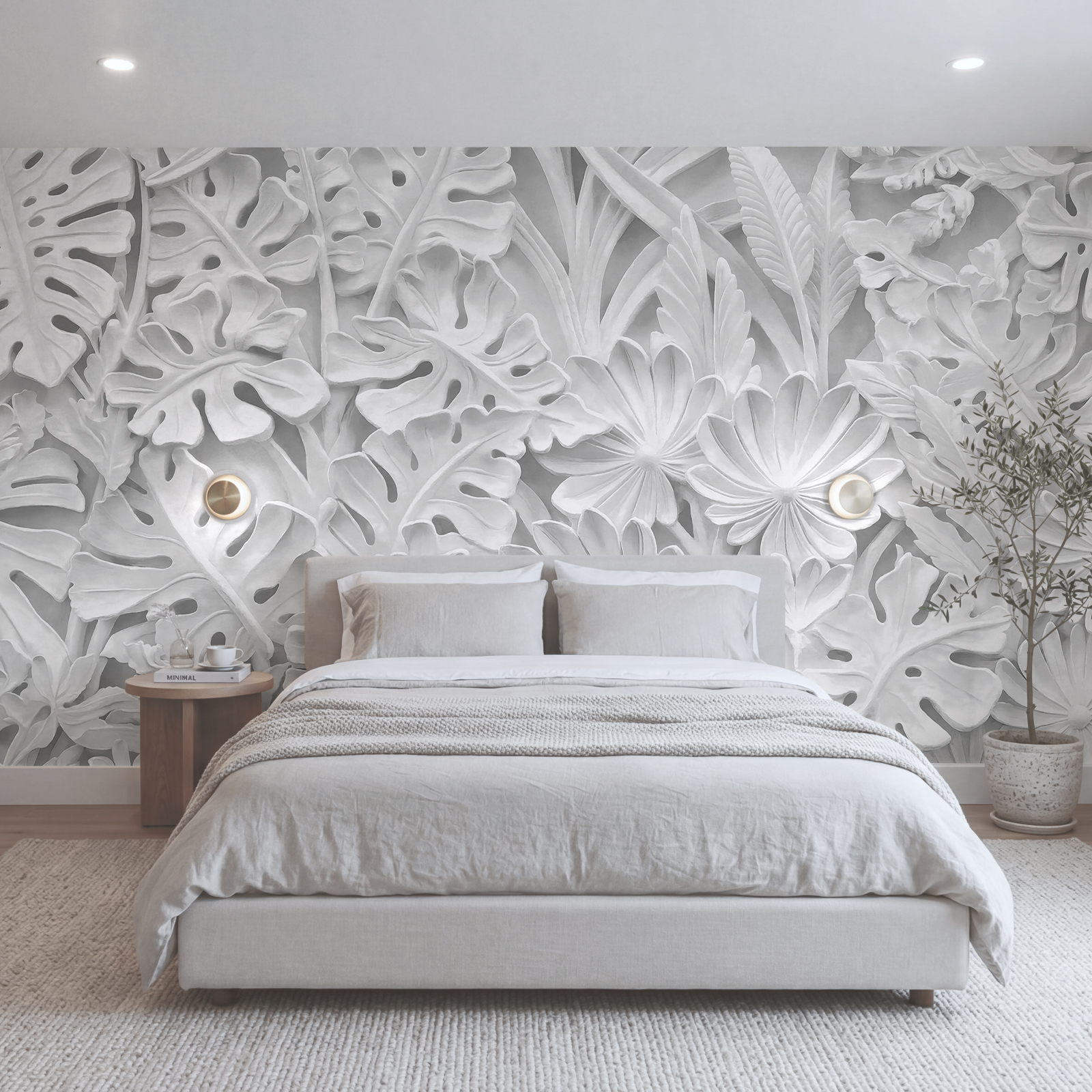 Witte muur met bloemen en bladeren