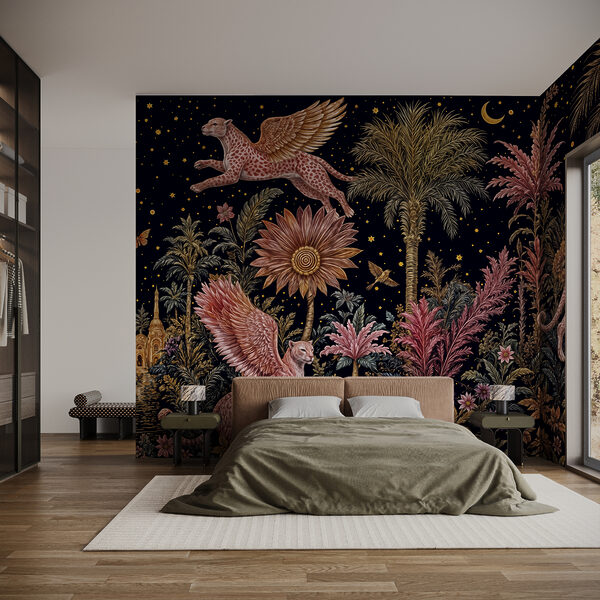 Schilderij van een kat en een luipaard met vleugels en bloemen Schilderij van een kat en een luipaard met vleugels en bloemen