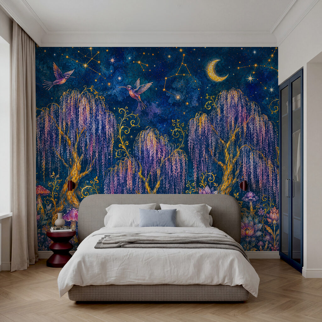Schilderij van een bos met vogels en bloemen Schilderij van een bos met vogels en bloemen