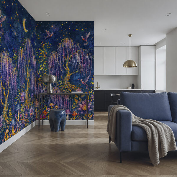 Schilderij van een bos met vogels en bloemen Schilderij van een bos met vogels en bloemen