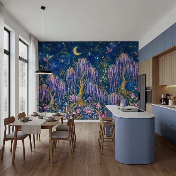 Schilderij van een bos met vogels en bloemen Schilderij van een bos met vogels en bloemen