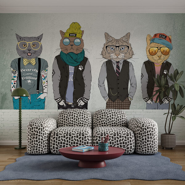 Een groep katten die kleding dragen Een groep katten die kleding dragen