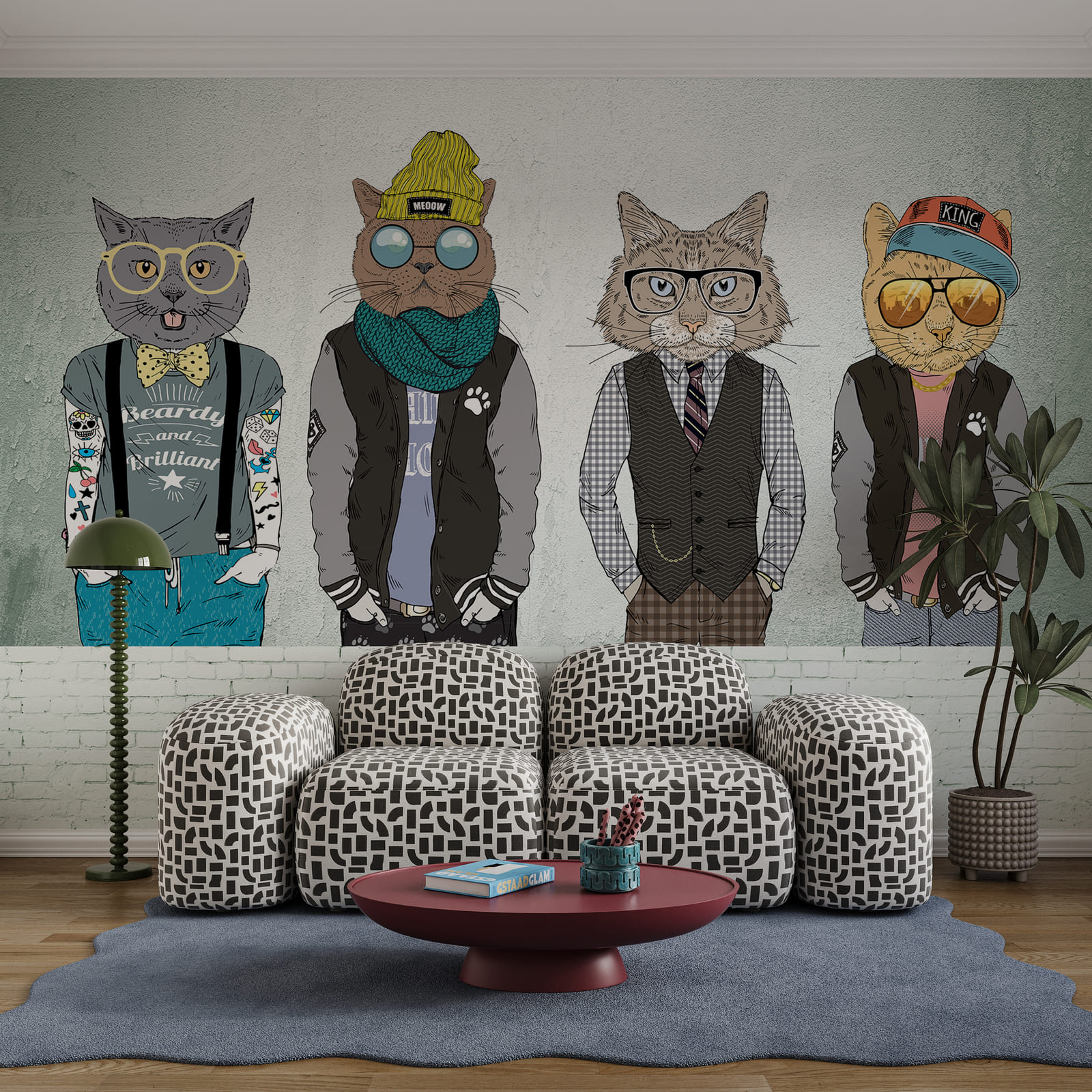 Een groep katten die kleding dragen Een groep katten die kleding dragen