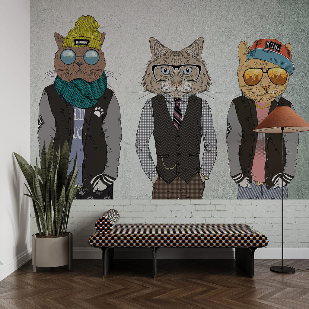 Een groep katten die kleding dragen Een groep katten die kleding dragen