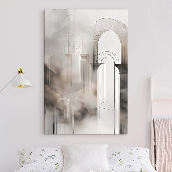 Drawing of a building with arches and clouds
