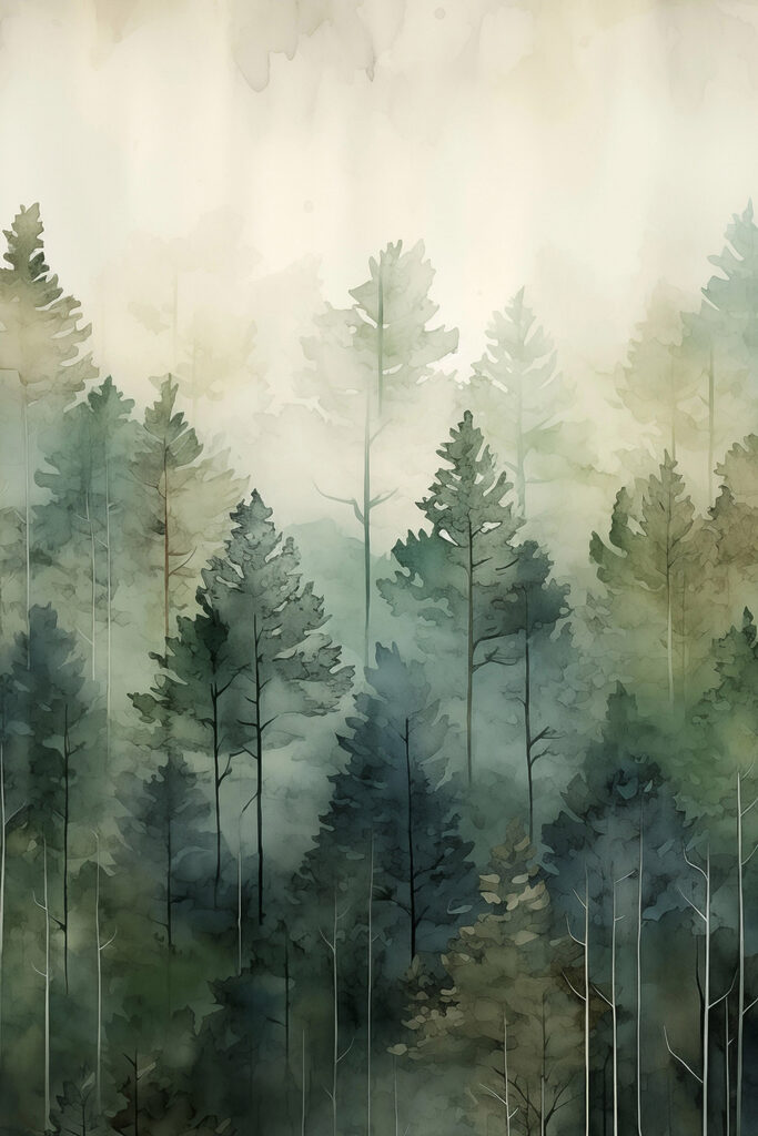 Painting of trees in the fog