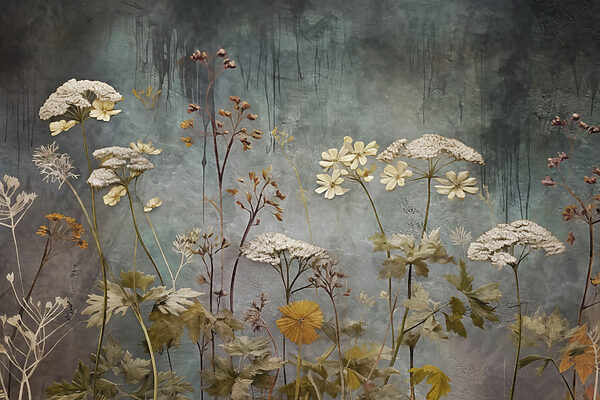 - Delicate blooms against a textured backdrop - Delicate blooms against a textured backdrop