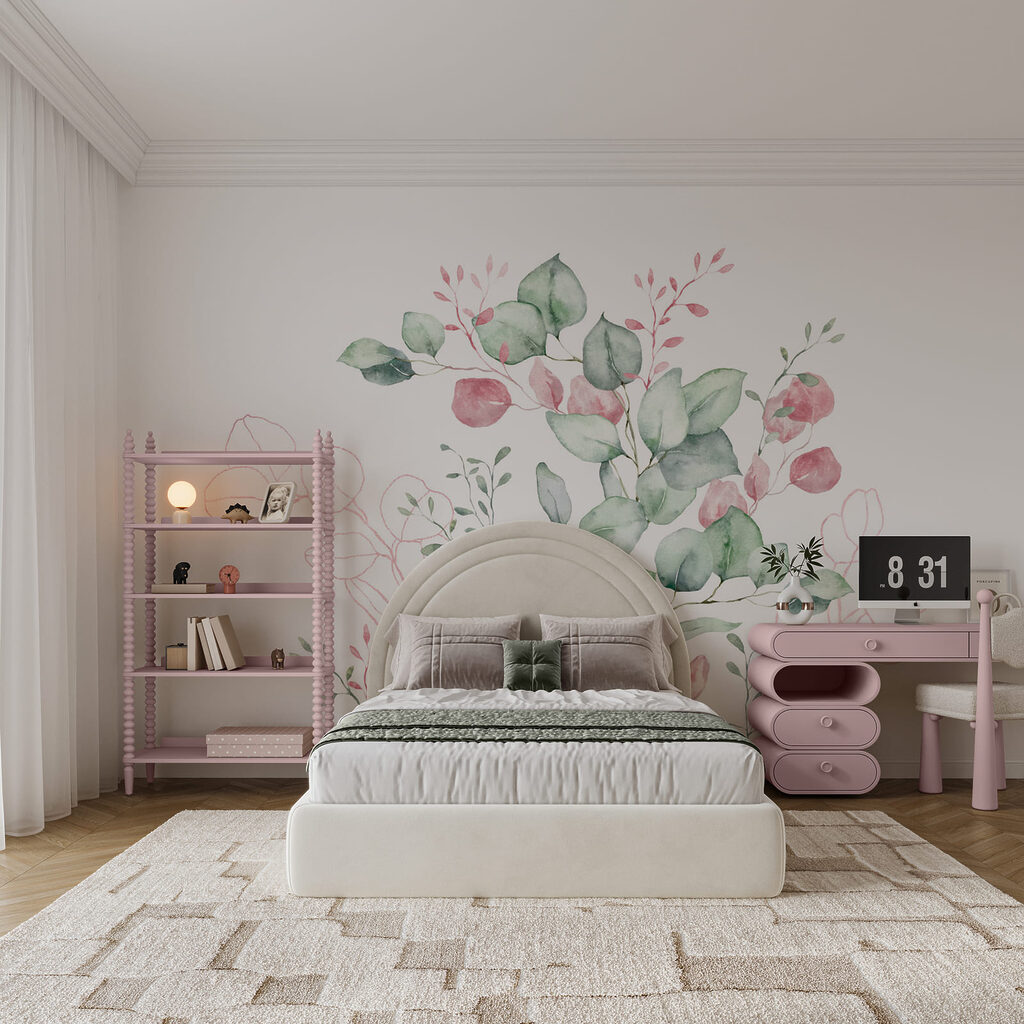 Aquarelschilderij van groene en roze bladeren Aquarelschilderij van groene en roze bladeren