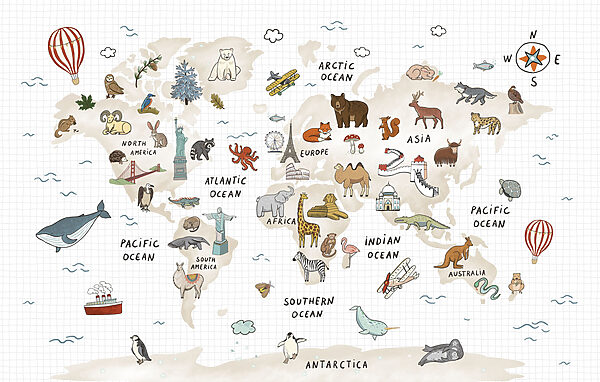Map of the world with animals