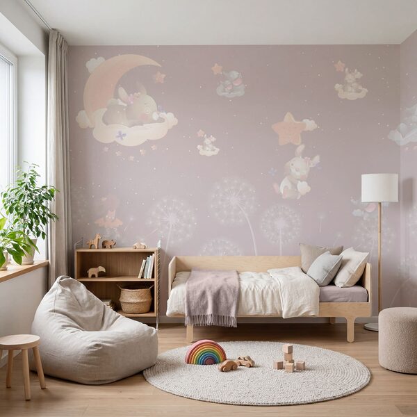 Behang met konijnen en paardenbloemen Behang met konijnen en paardenbloemen