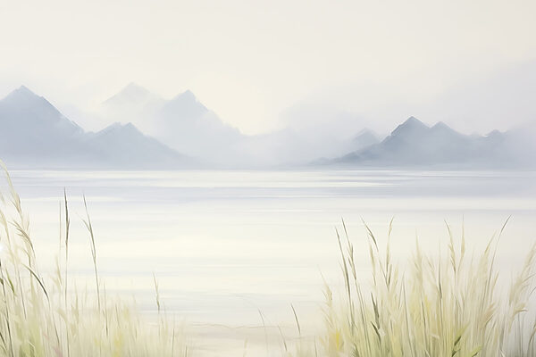 Foggy landscape with mountains and water