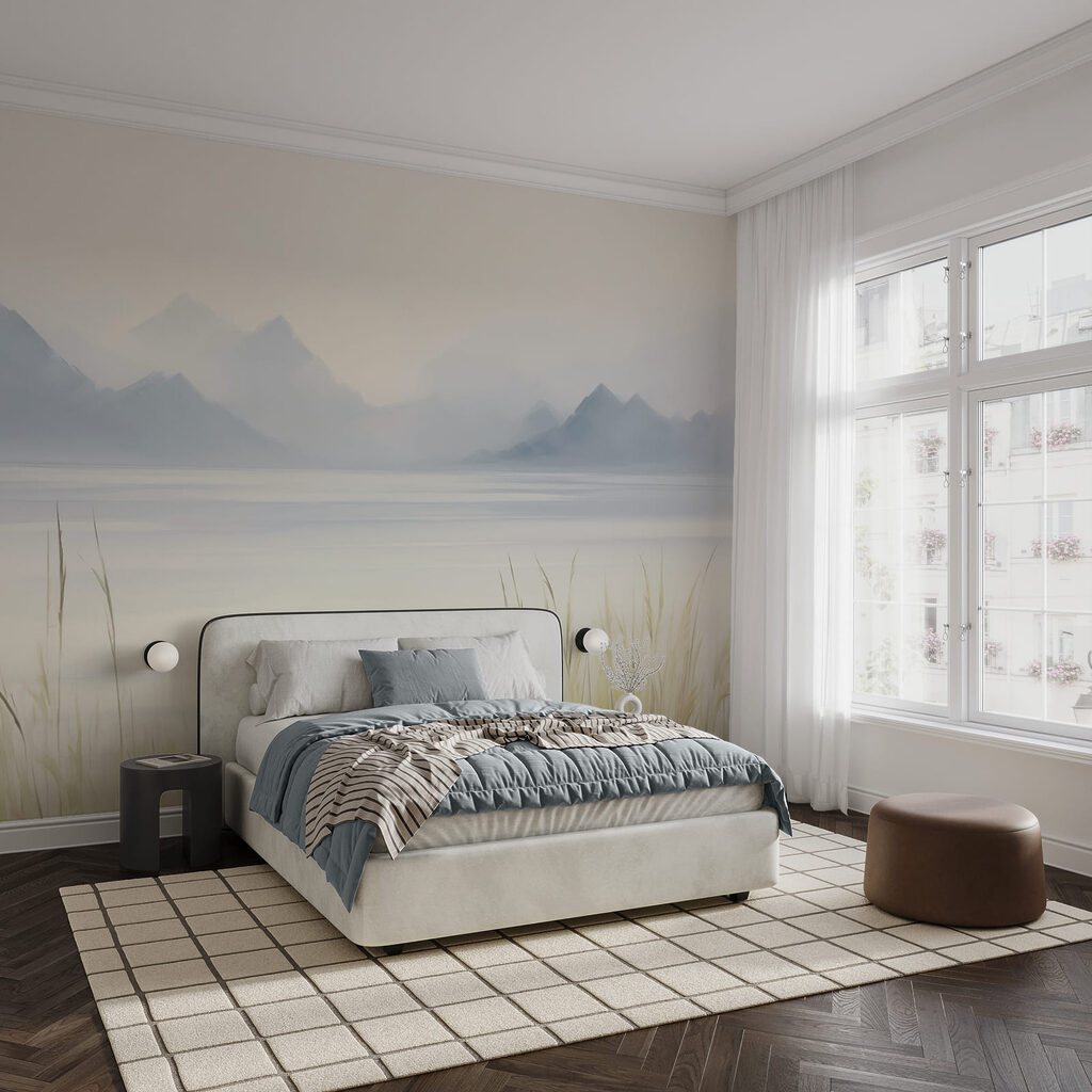 Mistig landschap met bergen en water
