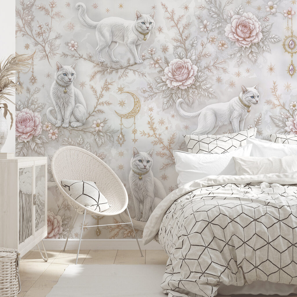 Behang met witte katten en bloemen Behang met witte katten en bloemen