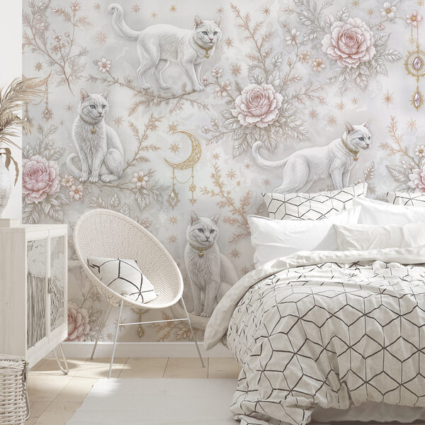 Behang met witte katten en bloemen Behang met witte katten en bloemen