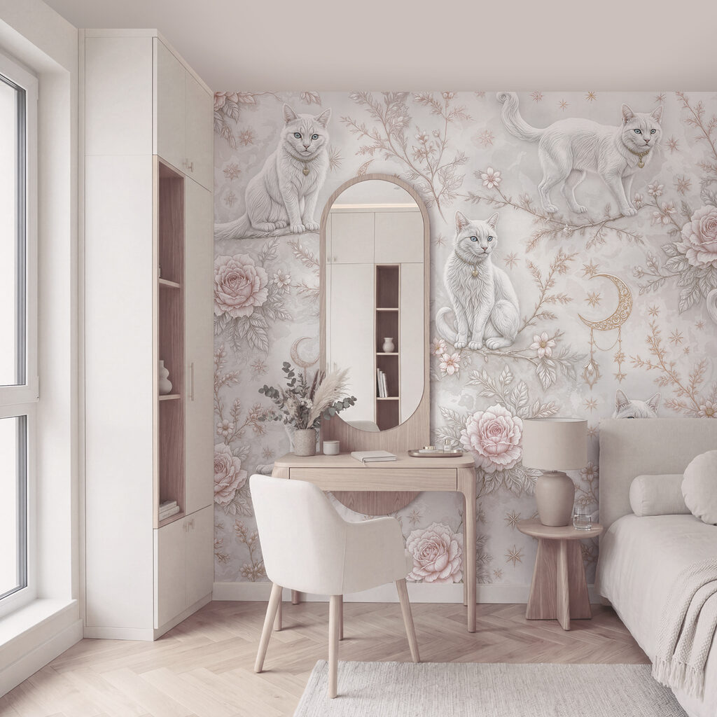 Behang met witte katten en bloemen Behang met witte katten en bloemen