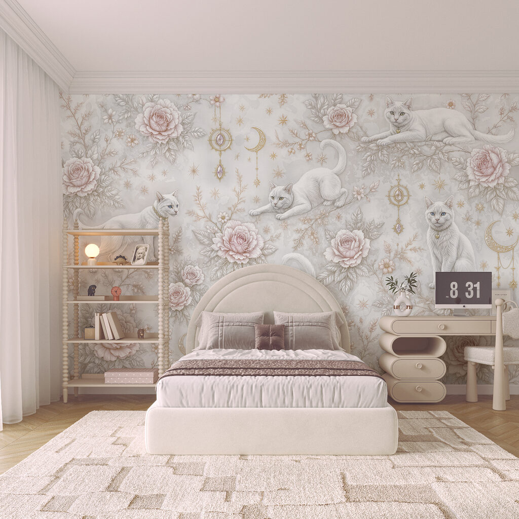 Behang met witte katten en bloemen Behang met witte katten en bloemen
