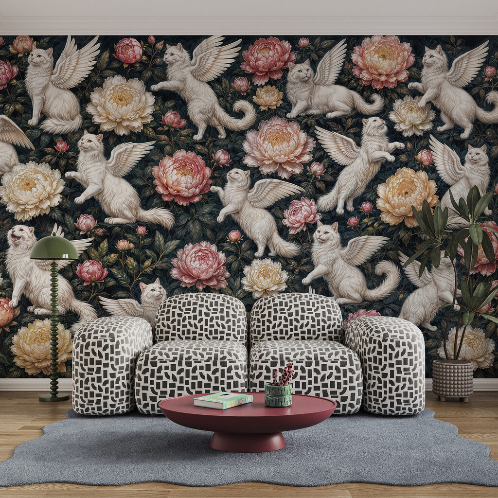 Groep witte katten met vleugels en bloemen Groep witte katten met vleugels en bloemen