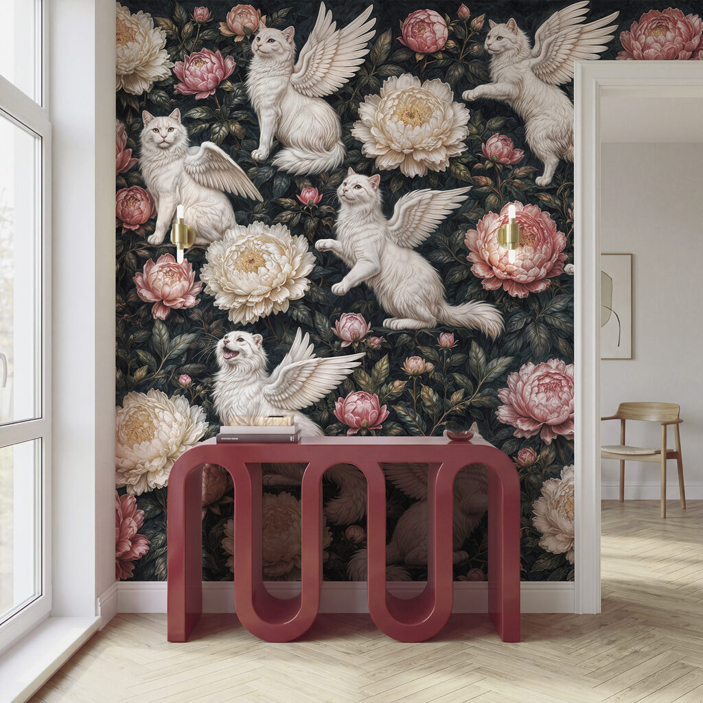 Groep witte katten met vleugels en bloemen Groep witte katten met vleugels en bloemen