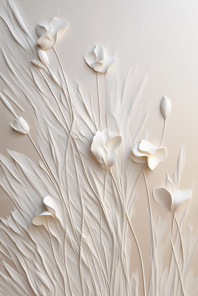 White flowers and leaves on a white surface White flowers and leaves on a white surface