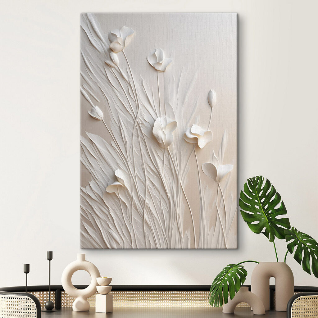 White flowers and leaves on a white surface White flowers and leaves on a white surface