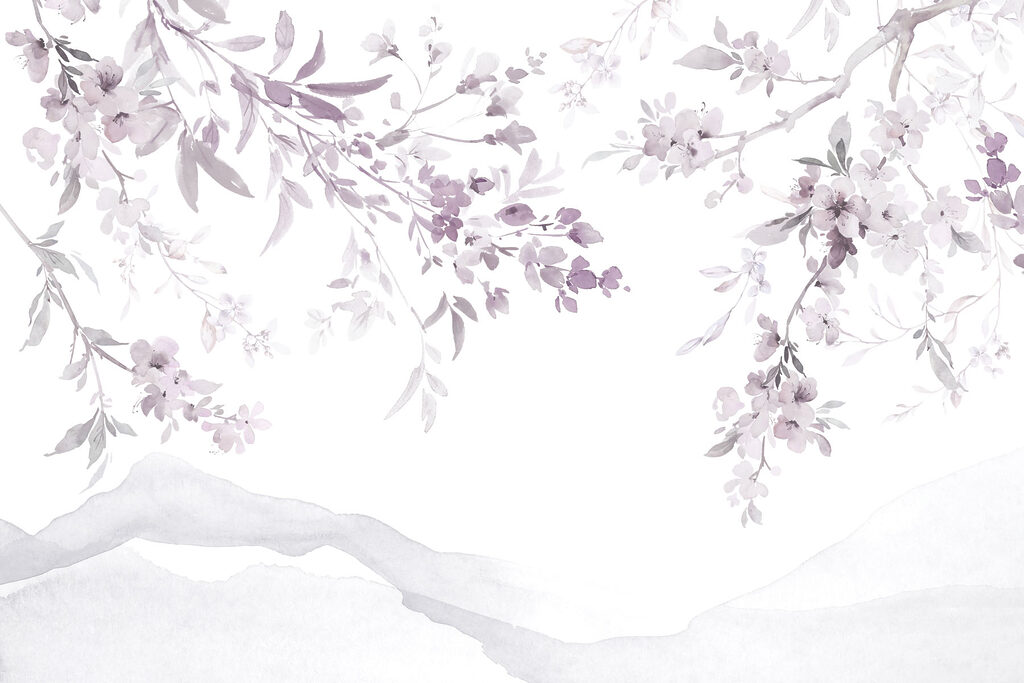 Painting of a tree branch with purple flowers