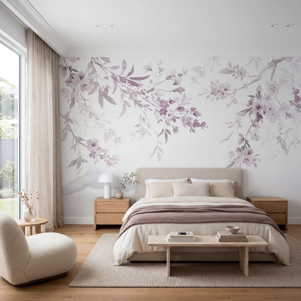 Schilderij van een boomtak met paarse bloemen