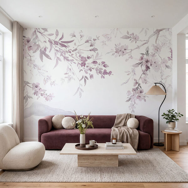 Schilderij van een boomtak met paarse bloemen