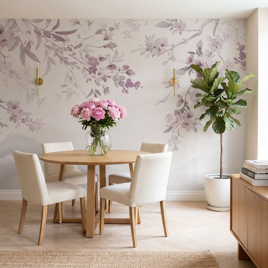 Schilderij van een boomtak met paarse bloemen