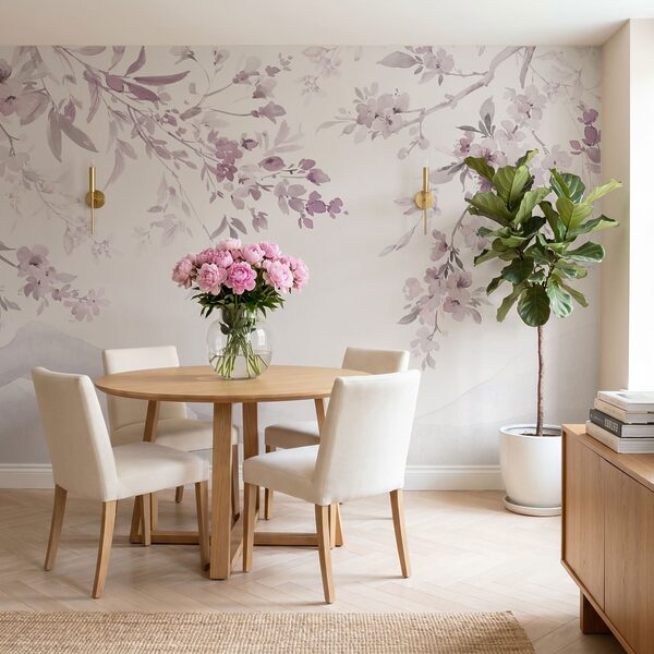 Schilderij van een boomtak met paarse bloemen