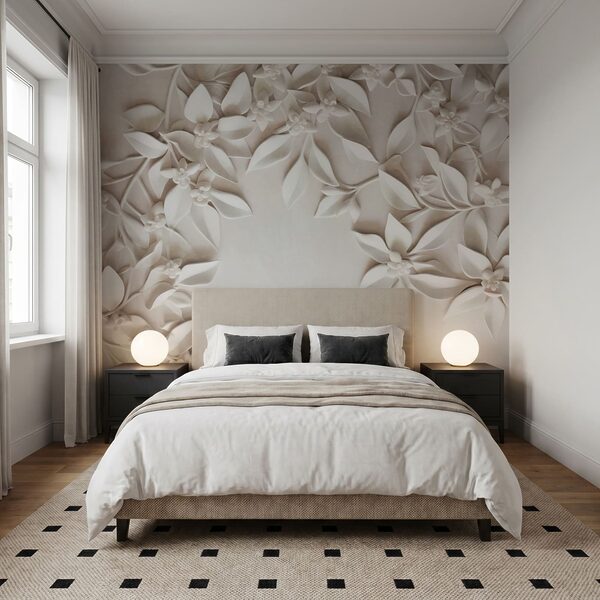 Witte muur met witte bloemen en bladeren